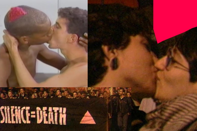 Queer couples kissing, a Silence = Death banner at a rally.