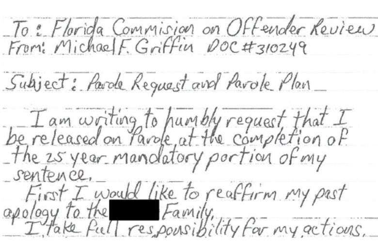 Michael Frederick Griffin’s letter to Florida Commission on Offender Review.