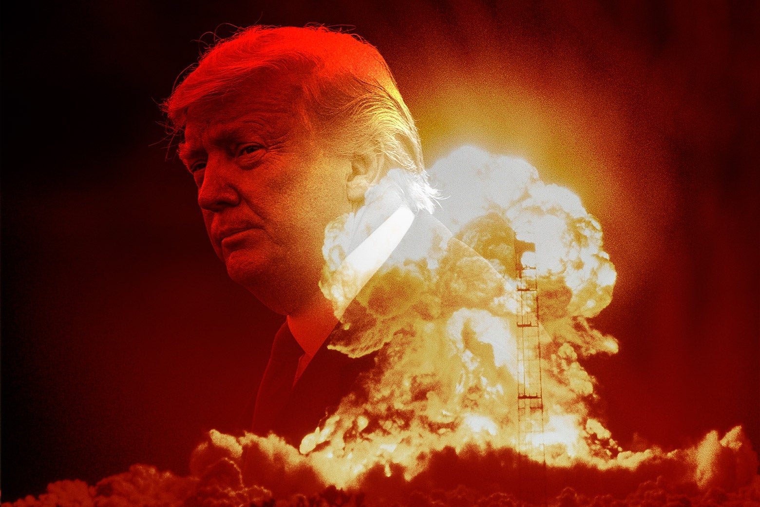 Photo illustration of a nuclear explosion with a faded image of Donald Trump superimposed.
