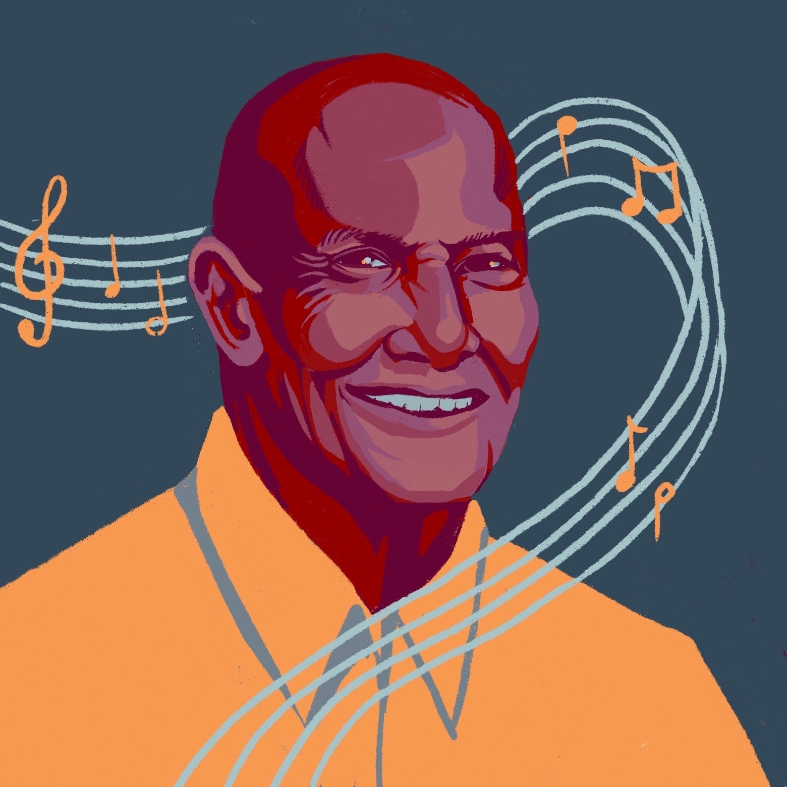 Harry Belafonte is enveloped by a musical staff featuring a treble clef.