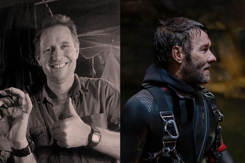 On the right, the handsome movie star cracks a smile beneath the wetsuit. On the left, Harris, wearing a buttondown and a wristwatch, gives a thumbs up.