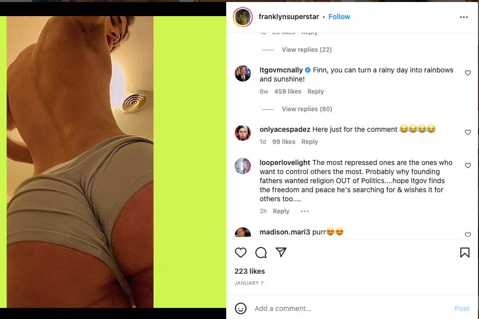 On the left, a picture of McClur taken from beneath and behind him in which he is only wearing tight underwear; on the right, Instagram comments including McNally's, which reads, "Finn, you can turn a rainy day into rainbows and sunshine!"