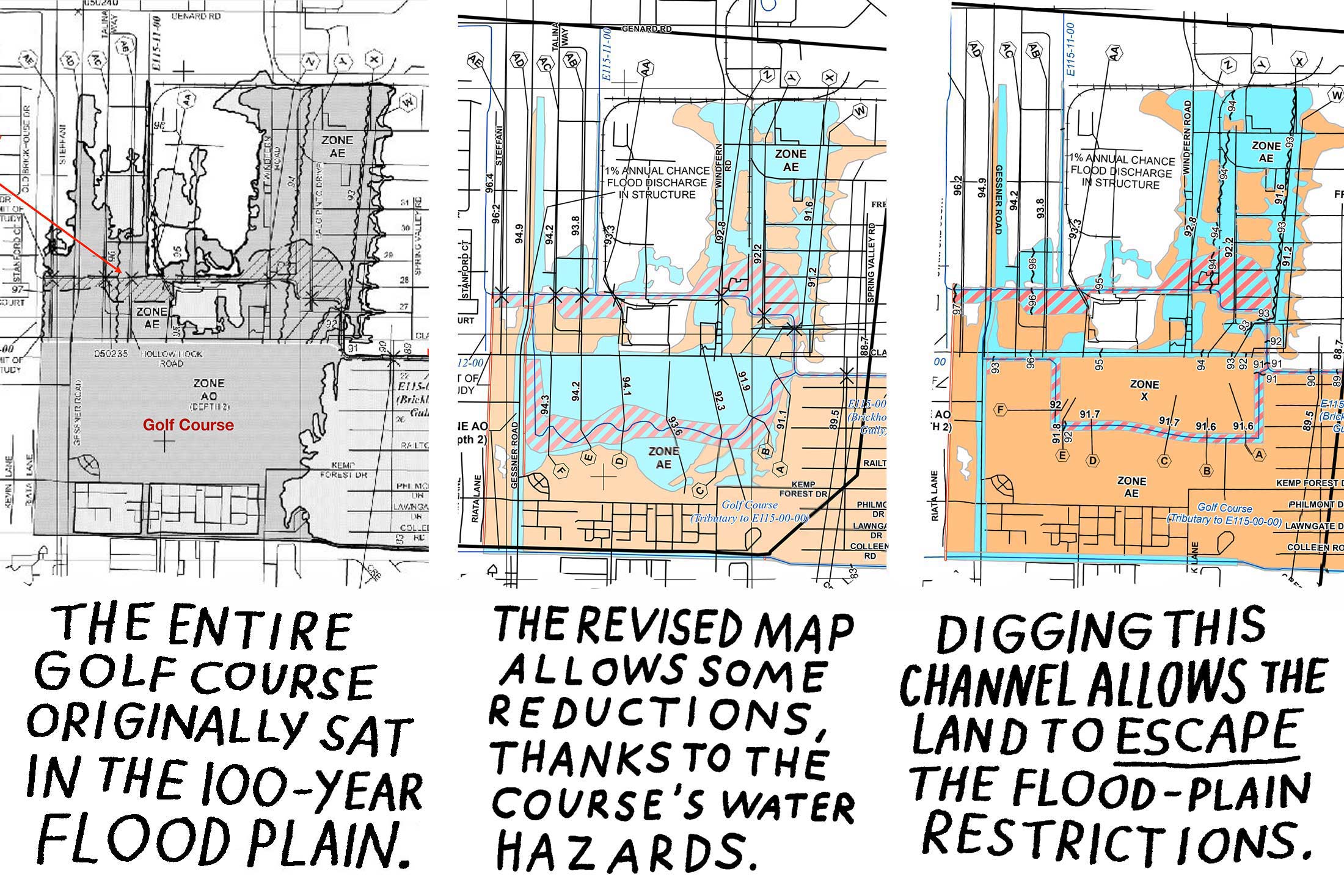 Evolution of flood insurance rate maps of Pine Crest golf course.