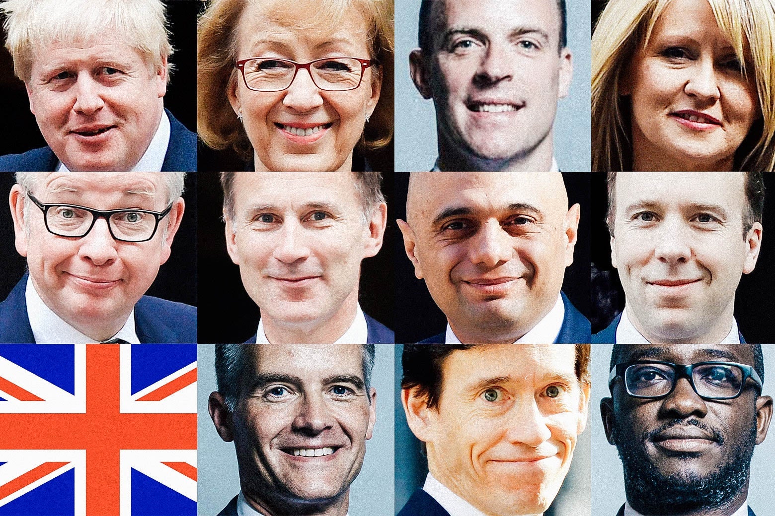 Boris Johnson, Andrea Leadsom, Dominic Raab, Esther McVey, Michael Gove, Jeremy Hunt, Sajid Javid, Matt Hancock, a British flag, Mark Harper, Rory Stewart, and Sam Gyimah.