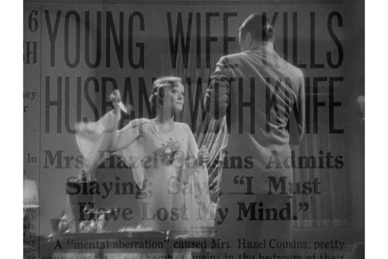 Peg Entwistle, brandishing a knife, as the actor playing her husband collapses. The image is superimposed over a newspaper headlined "YOUNG WIFE KILLS HUSBAND WITH KNIFE."