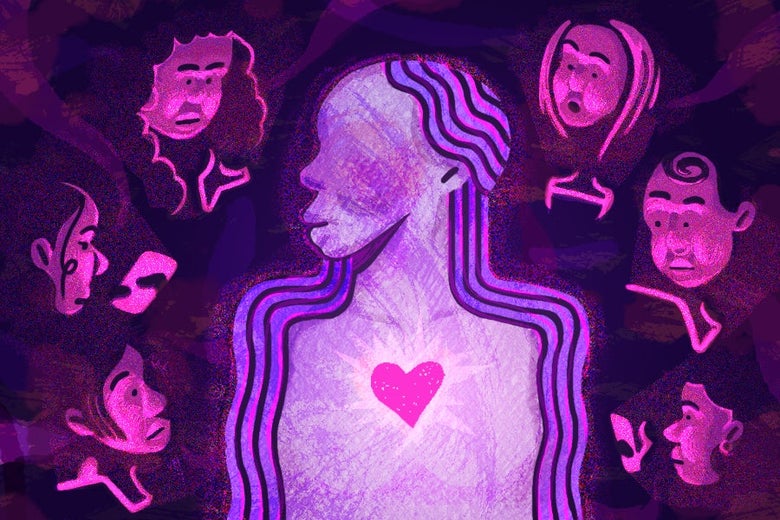A glowing mysterious female figure surrounded by other women speculating around their heart.