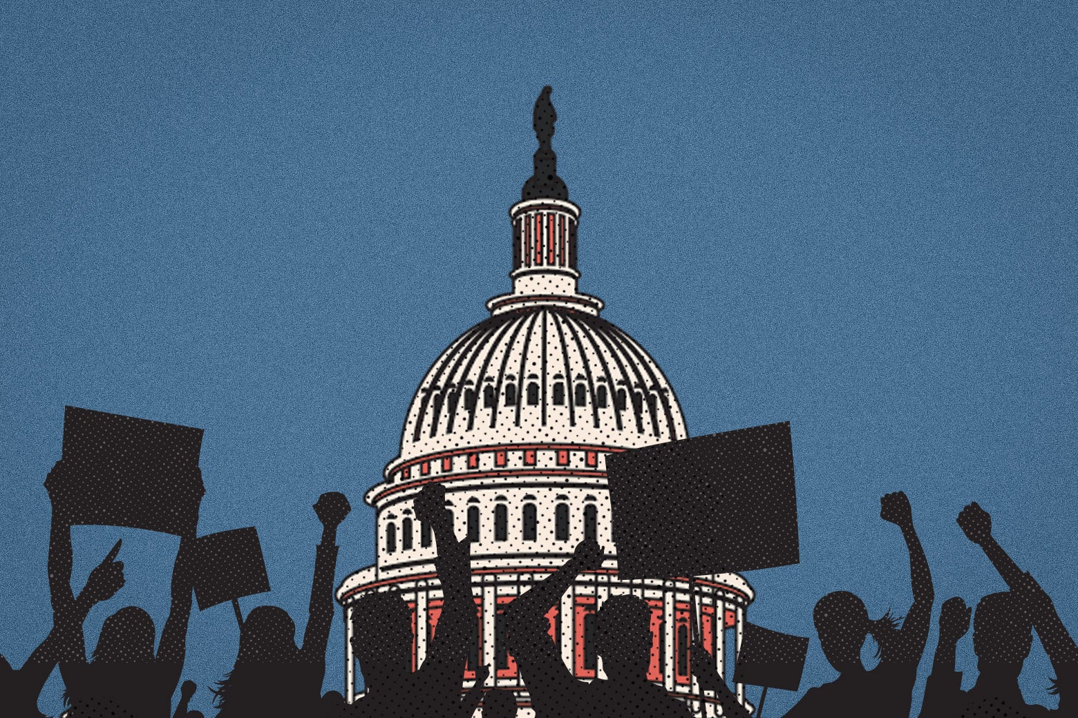 An illustration of people protesting outside the Capitol.