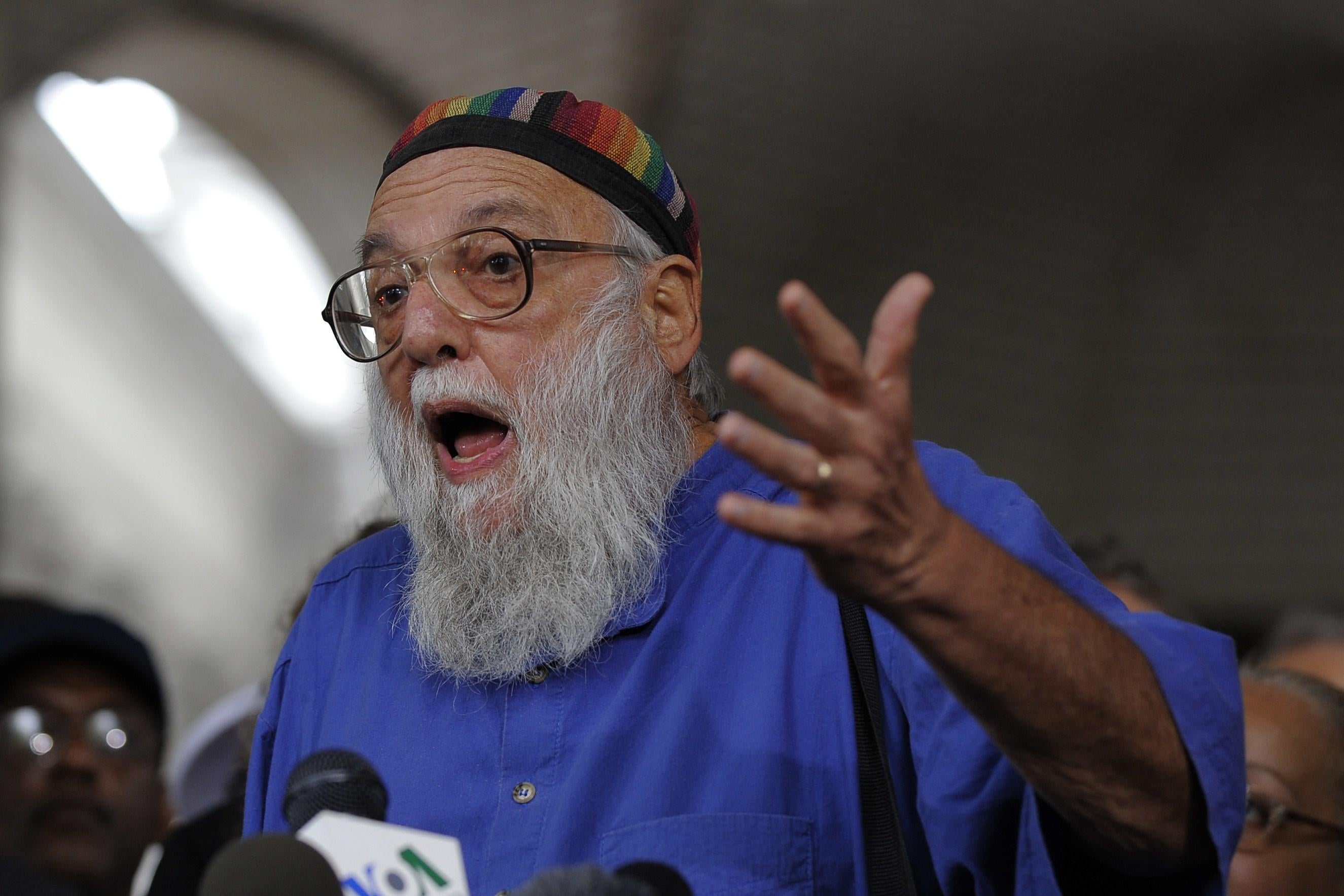 Rabbi Arthur Waskow of the Shalom Center (L) joins representatives of over 40 groups as they express support for allowing a Muslim cultural center to be built near ground zero during a news conference in Lower Manhattan on August 25, 2010.