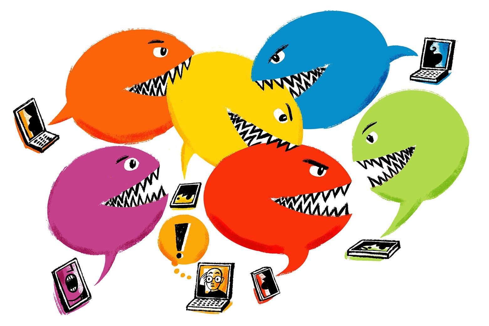 Drawing of one bespectacled man looking overwhelmed on a laptop screen surrounded by angry speech bubbles with pointy teeth emerging from various devices