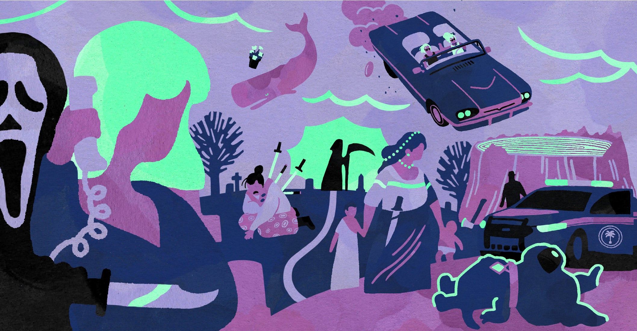 A scene showing various characters, including: Ghostface holding a corded phone and knife, a sperm whale with a flowerpot over its head, the stabbed samurai from Rashomon, the Grim Reaper, Thelma and Louise dropping down in a car, Scrappy Doo lying on the ground, and a police car