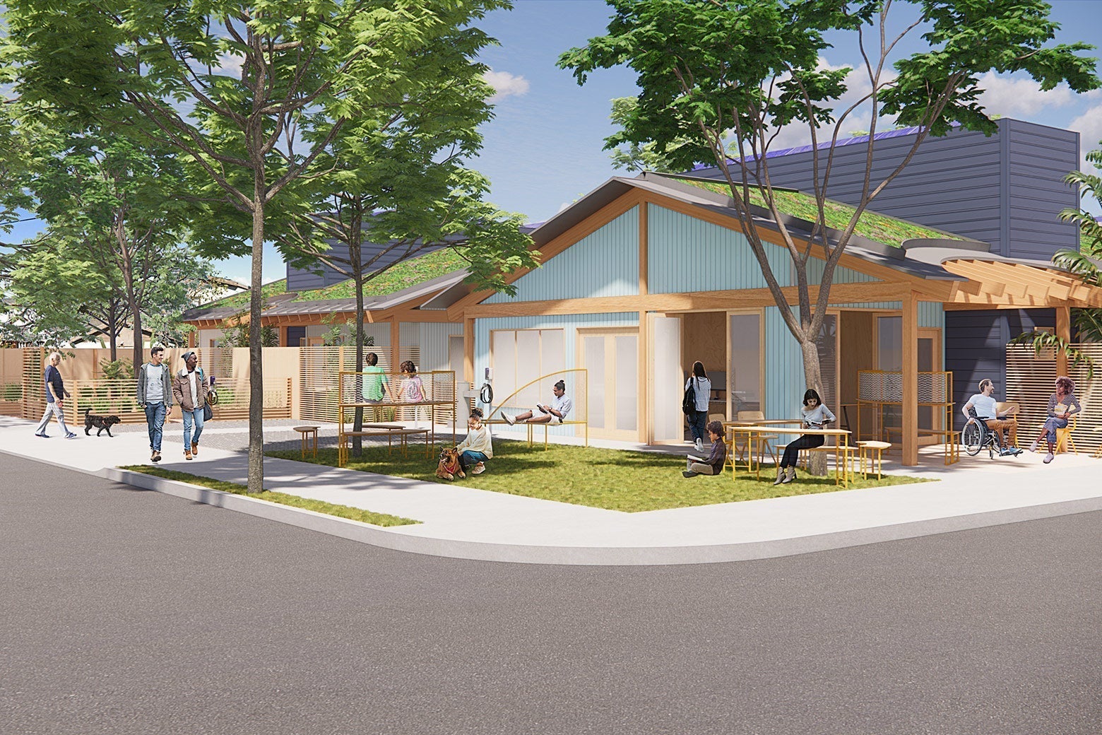 The winning proposal for corner lots shows a mixed-use project, bringing commercial or community space into a residential neighborhood.