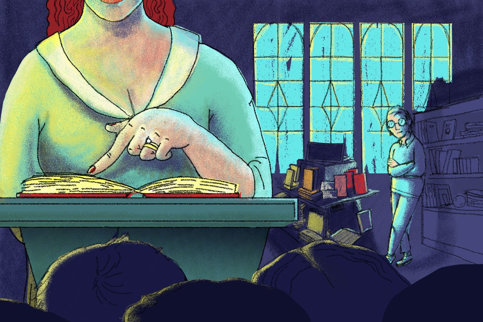 An illustration of a woman reading from a book at an event with a man standing in the corner, arms crossed.