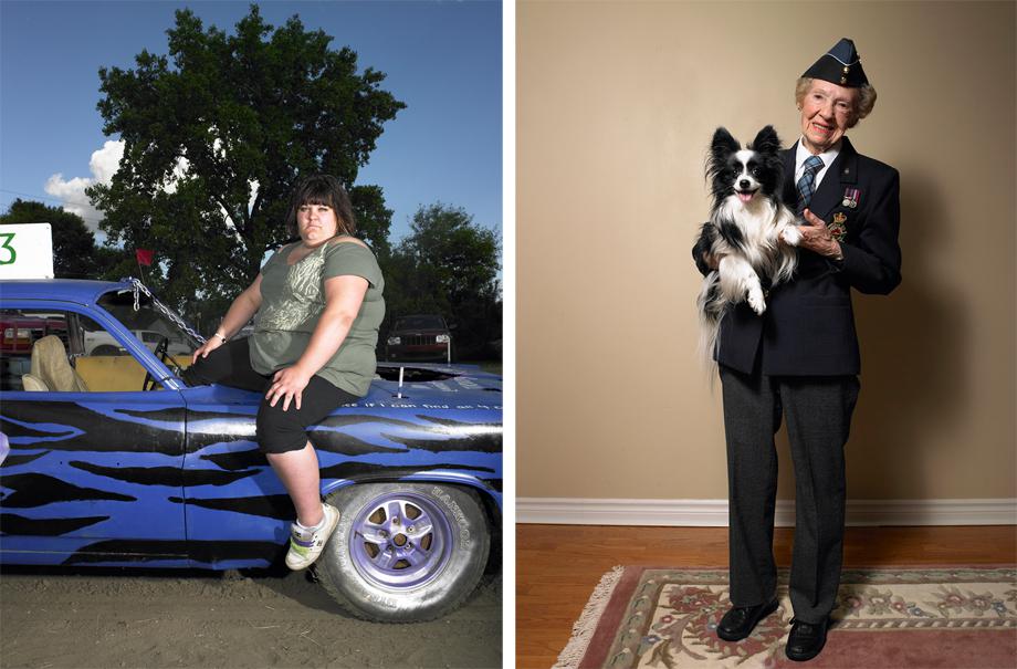 Left: Demolition Derby/Weyburn, Saskatchewan/July 2011. Right: Ruth May Kells, Radio Operator for Canadian Air Forces During World War II, With Her Dog Robbie/Dartmouth, Nova Scotia/September 2011