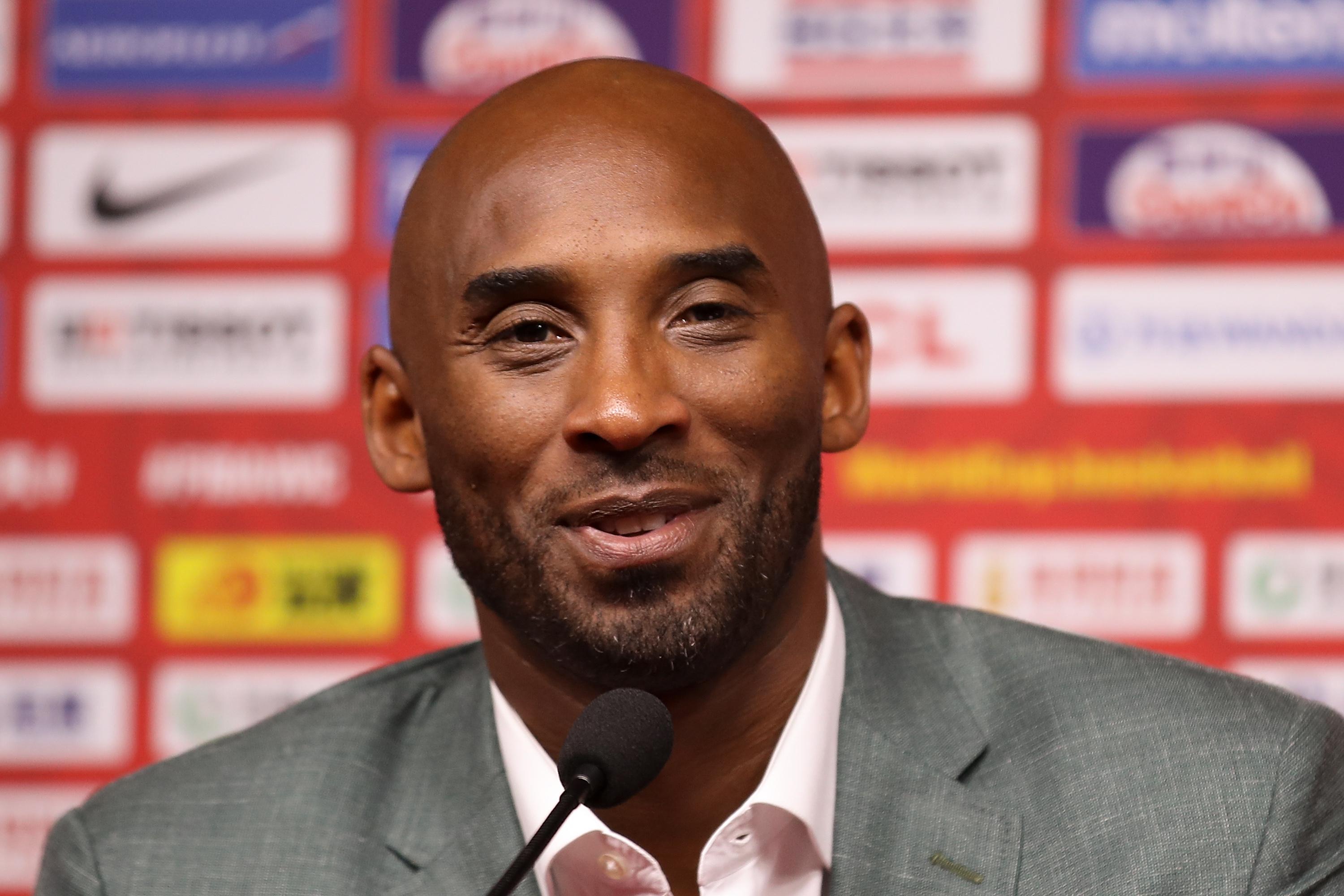 Kobe Bryant talking to the media at the 2019 FIBA World Cup in Beijing.
