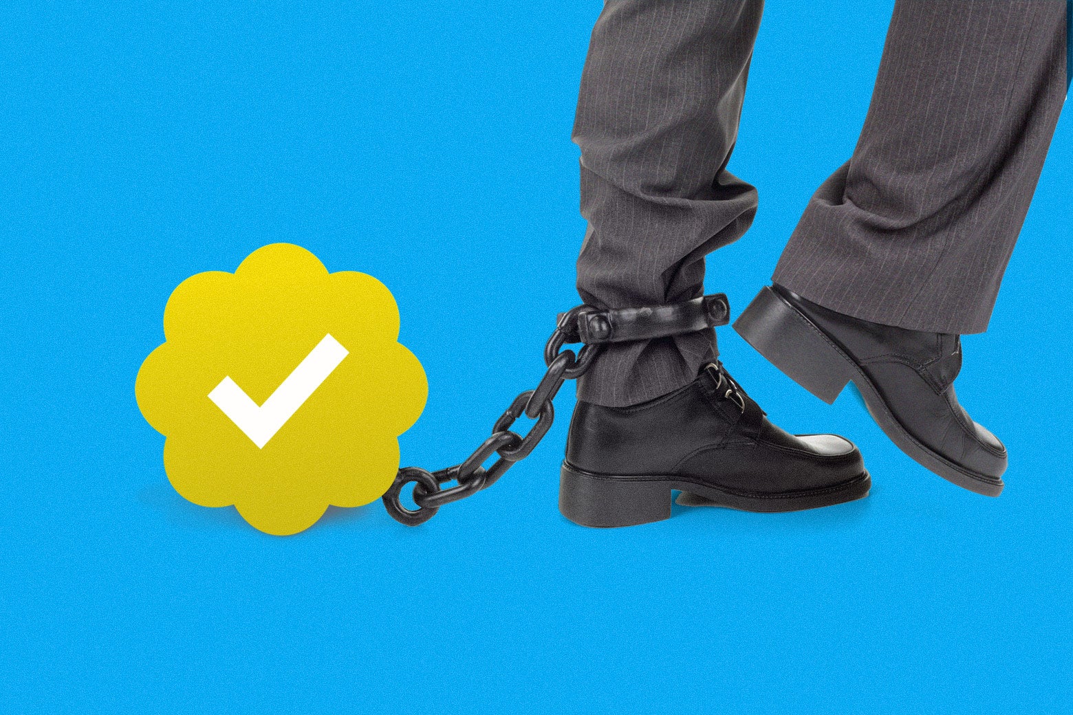 A foot shackled to a gold checkmark.