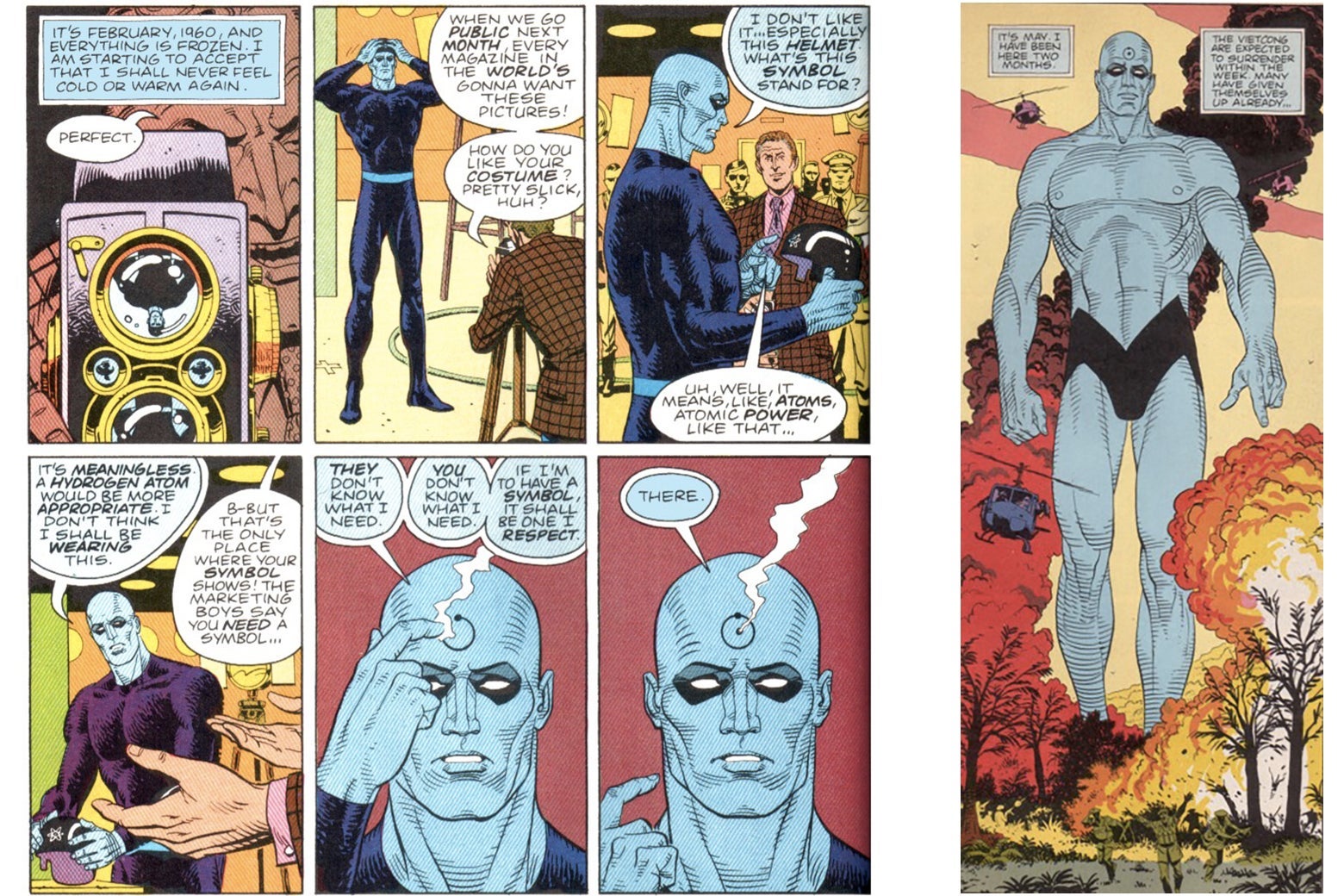 Two excerpts from Watchmen. In the left, Dr. Manhattan is wearing a full-body superhero outfit; in the right, he is wearing a bizarre, v-shaped pair of underwear.