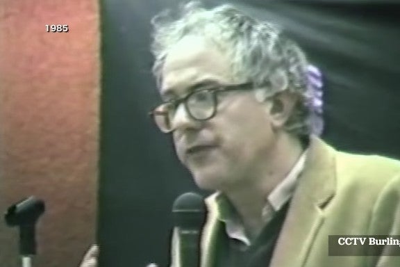 Screenshot of video of Bernie Sanders speaking in 1985.