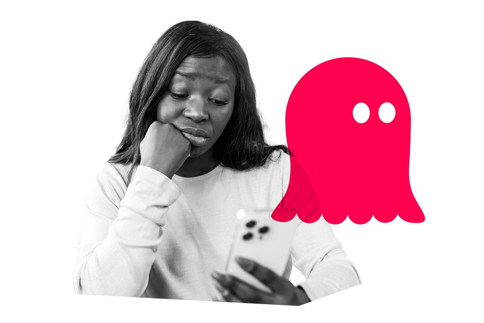 A woman looking at her phone with disdain next to a graphic of a ghost