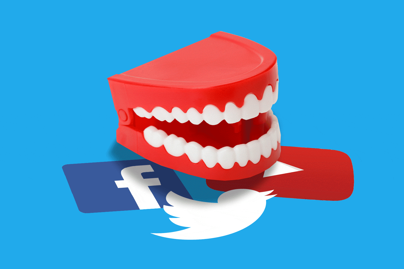 Photo animation of chattering teeth near the Facebook, Twitter, and YouTube logos.