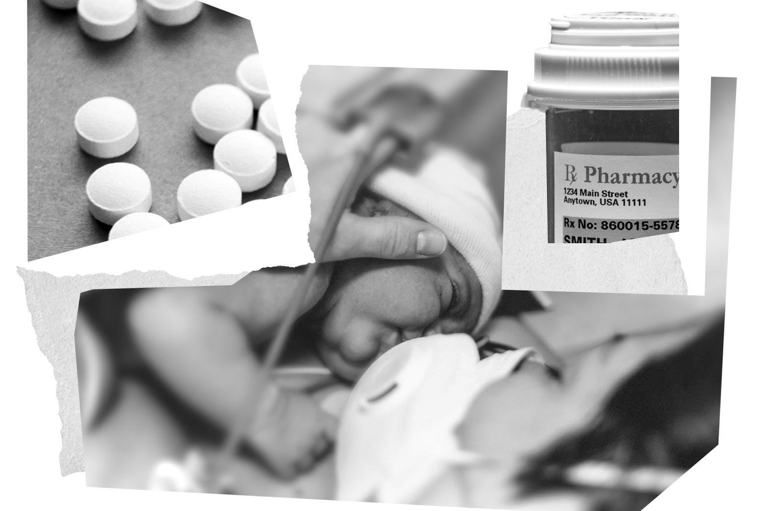 Collage of mom with newborn in a hospital room, pills, and a prescription pill container