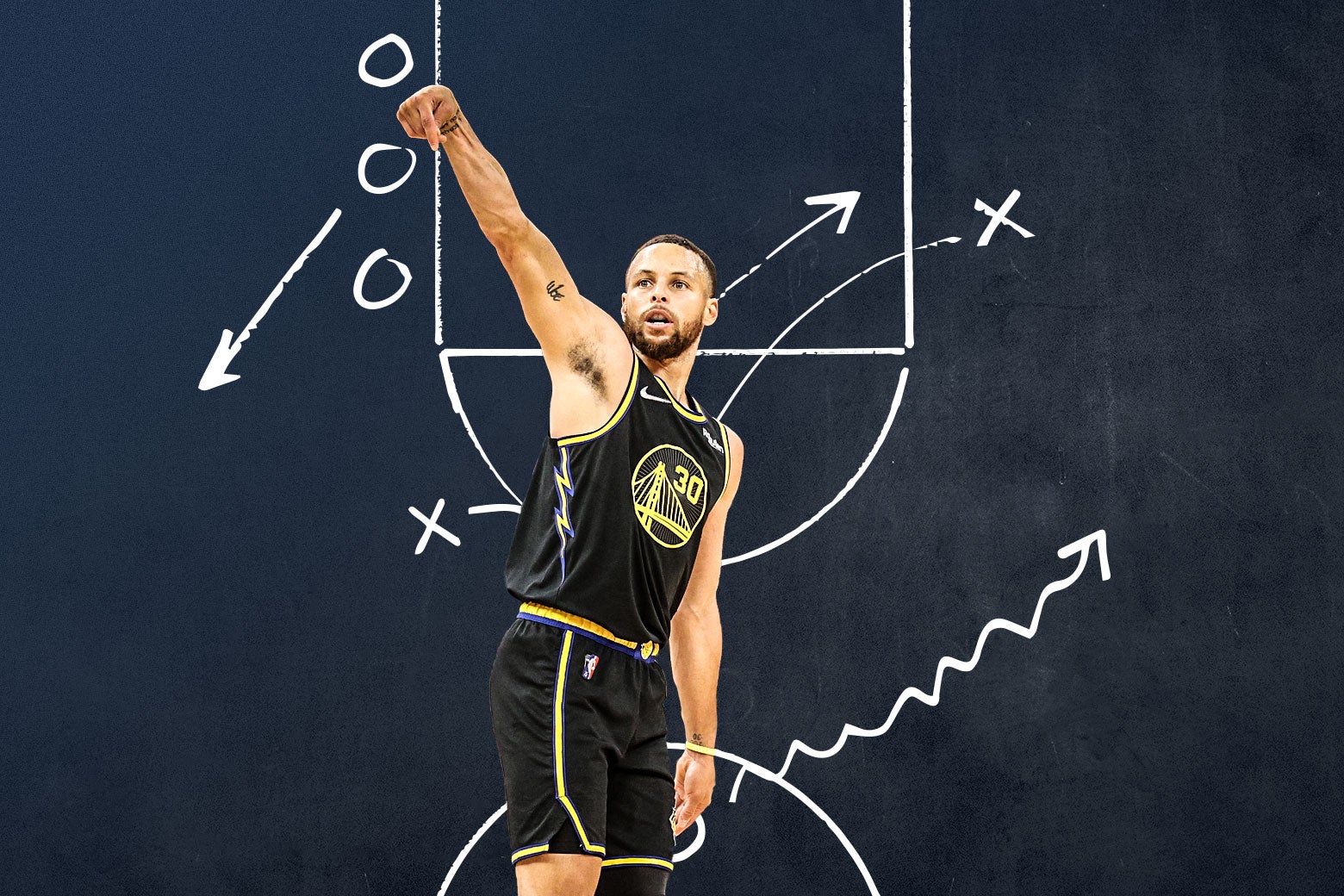 Steph Curry watching his shot, with his arm raised in follow-through, with an Xes and Os basketball play illustrated on a basketball key behind him.