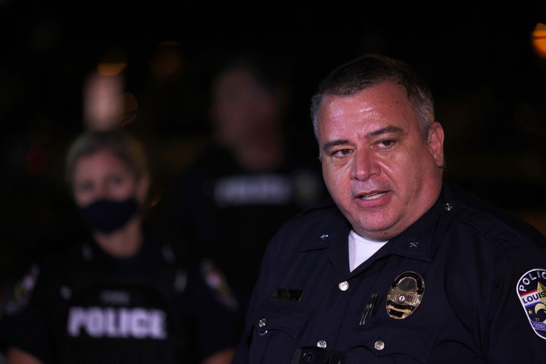 Interim police Chief Robert Schroeder speaks during a press conference on September 23, 2020 in Louisville, Kentucky. A Kentucky grand jury indicted one police officer involved in the shooting of Breonna Taylor with three counts of wanton endangerment. No officers were indicted on charges in connection to Taylor's death. Two police officers were shot during protests that broke out after the grand jury announcement. (Photo by Michael M. Santiago/Getty Images)