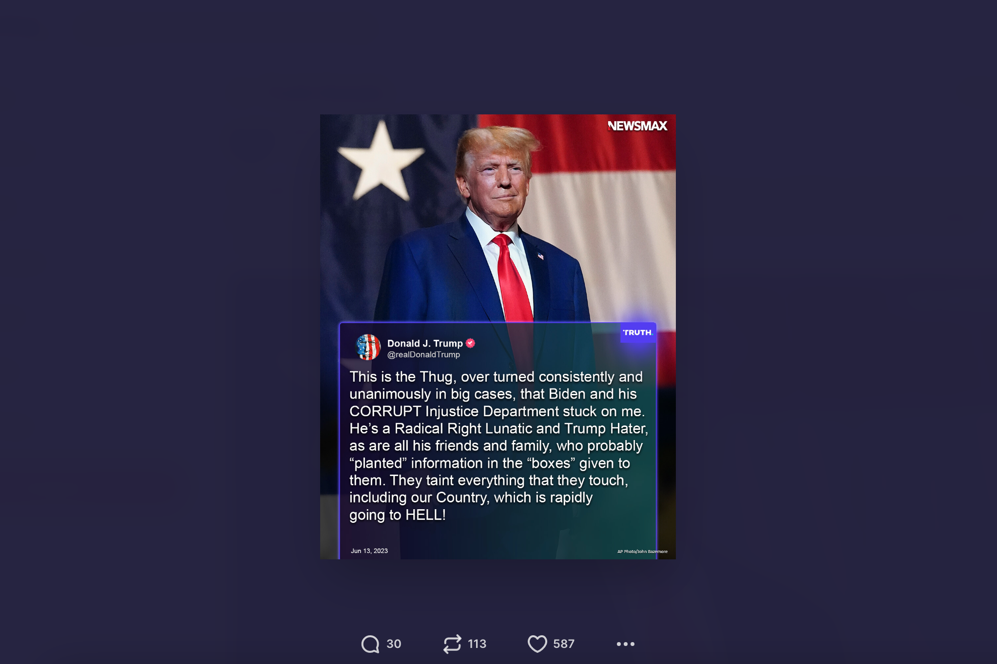 A Neswmax image of Trump in front of a U.S. flag and slightly obscured by a screencap of one of his Truths about Jack Smith