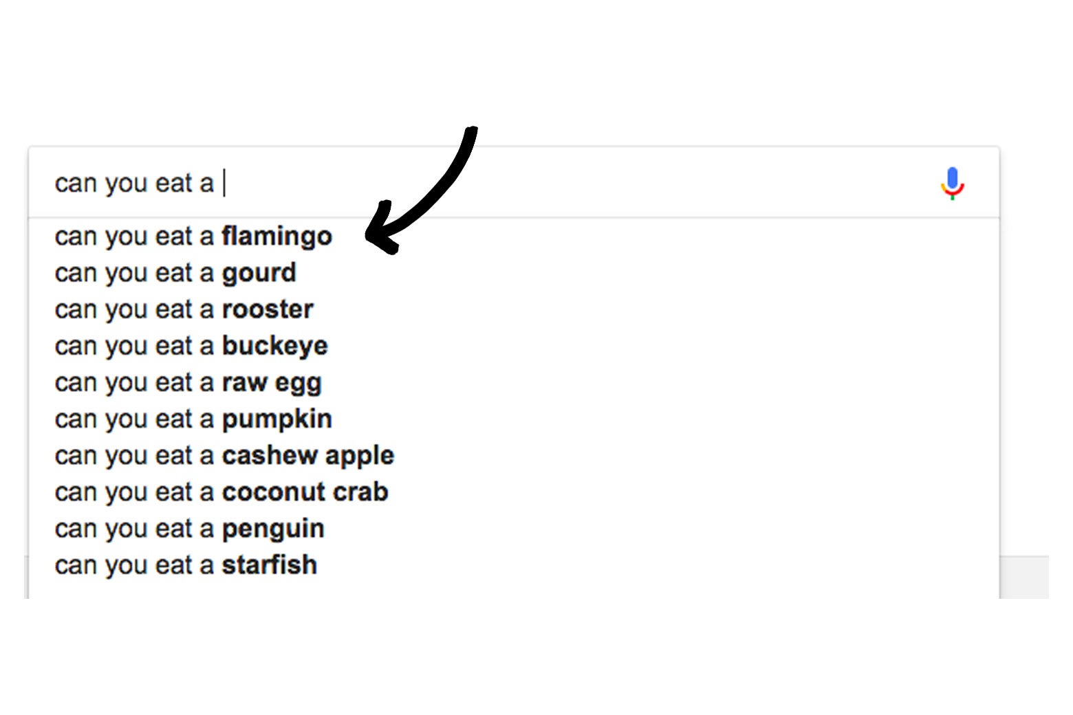 Google autocomplete suggesting that you eat a flamingo, the sickos