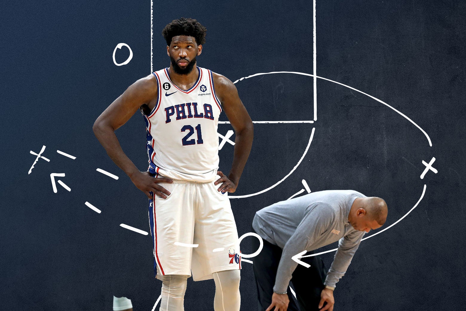 Joel Embiid with arms akimbo frowning and looking upward; Doc Rivers bend over with his hands on his knees