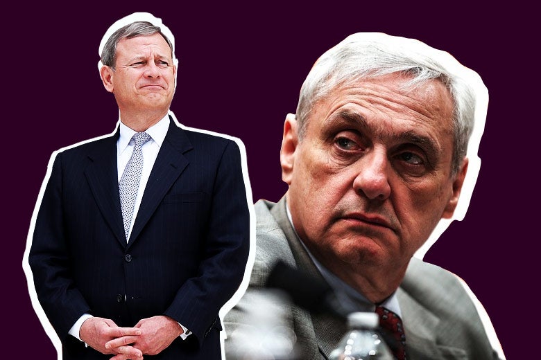 Photo illustration: Cutouts of Supreme Court Chief Justice John Roberts and retired Judge Alex Kozinski against a purple background. Photo illustration by Slate. Photo by Justin Sullivan/Getty Images and Win McNamee/Getty Images.