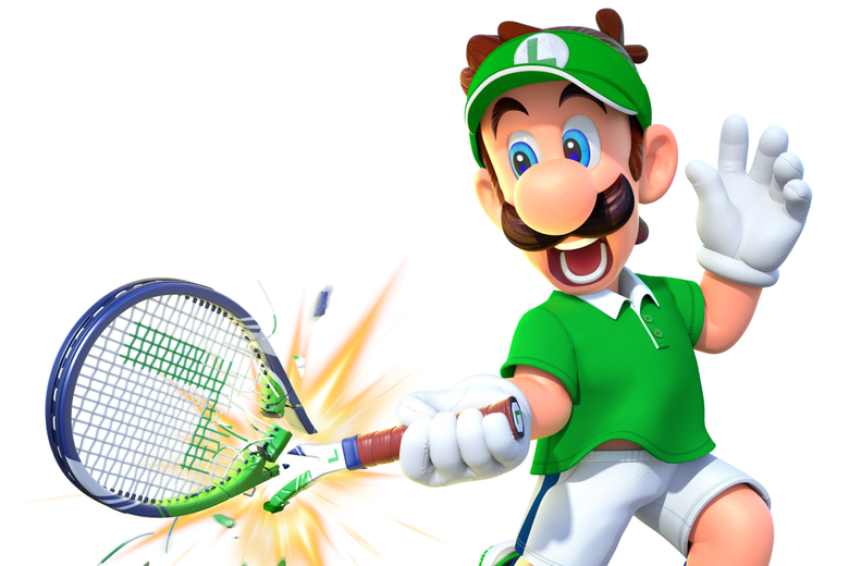 Luigi, of Mario fame, playing tennis.
