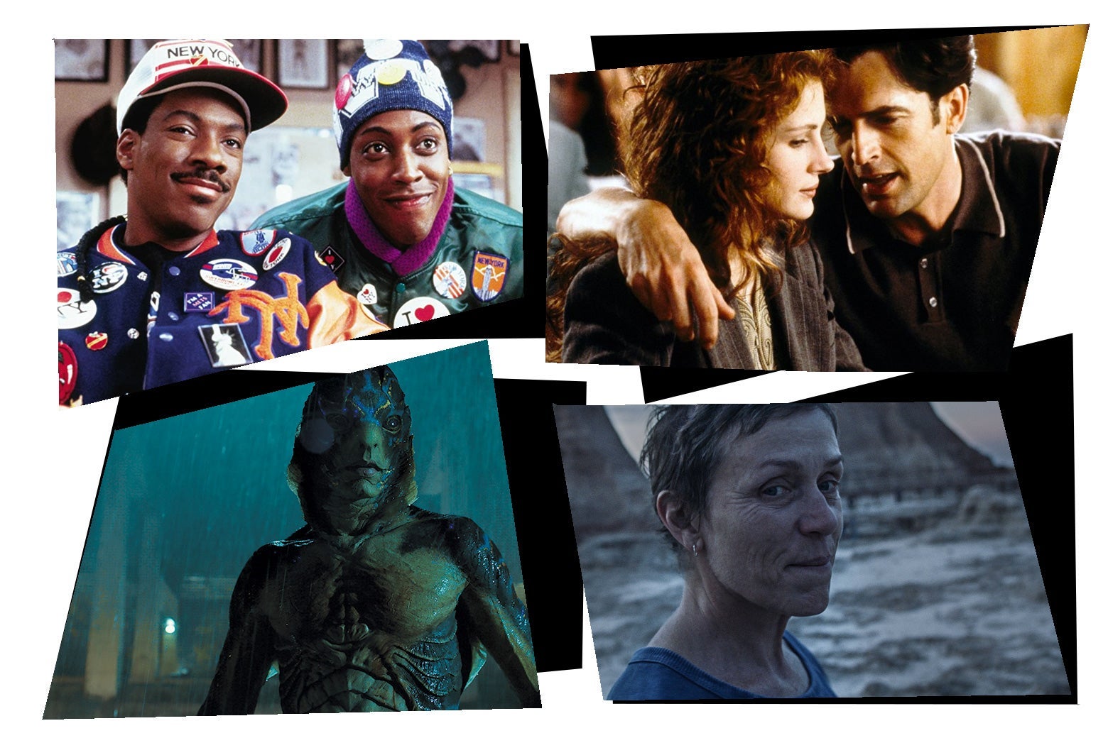 Stills from each of the movies in a mosaic art style: Eddie Murphy and Arsenio Hall smile at the camera; Dermot Mulroney talks to Julia Roberts with his arm around her shoulder; An amphibious-looking creature looks at the camera; Frances McDormand looks off into the distance.