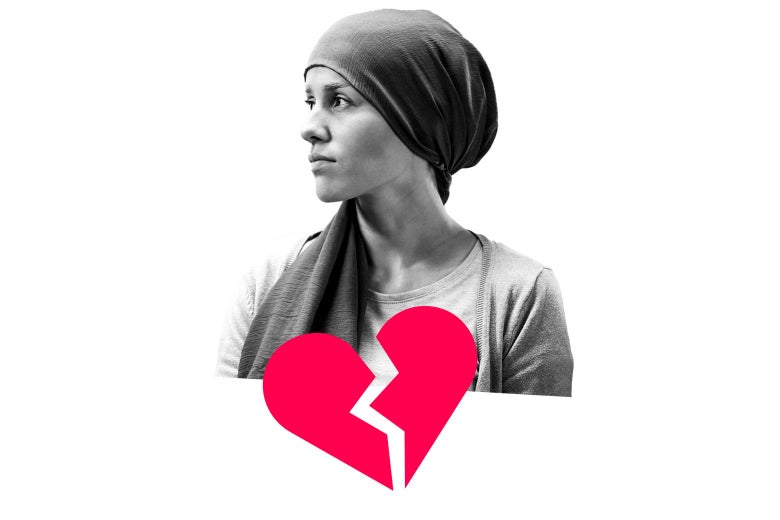 A photo of a person with a scarf on their head with an illustrated broken heart in front of them.