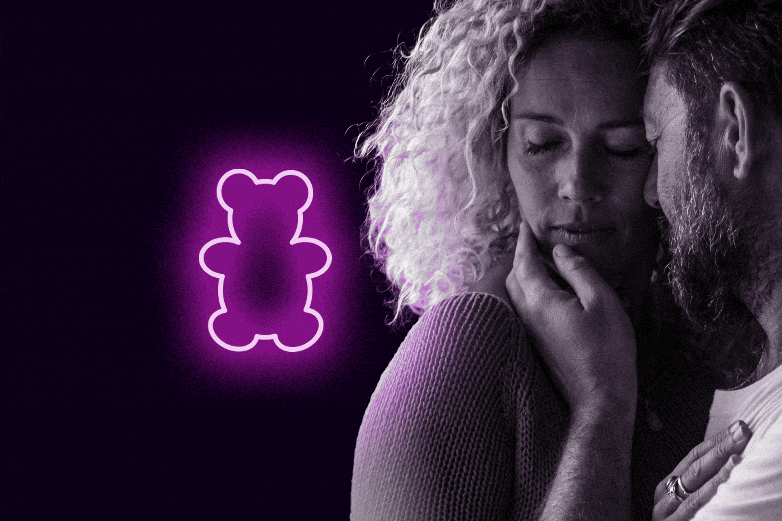 A couple makes out next to a neon edible in the shape of a teddy bear.