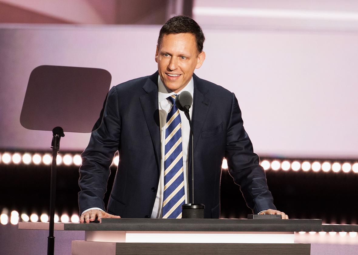 Peter Thiel speaks on the fourth day of the Republican National Convention on July 21 2016 at the Quicken Loans Arena in Cleveland, Ohio. 