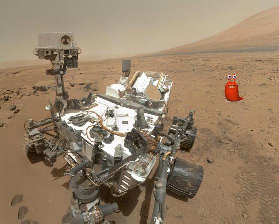 Curiosity rover on Mars with a little friend