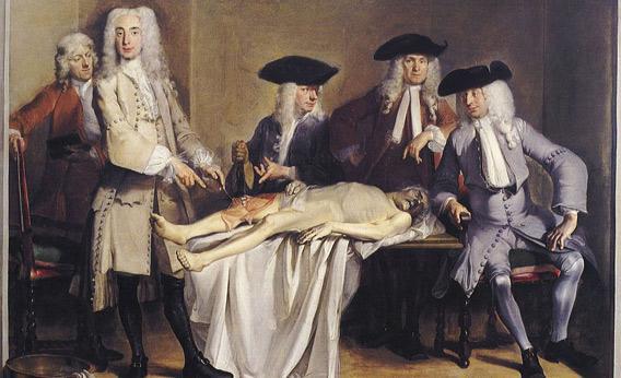 A 1728 oil painting by Cornelis Troost depicting an anatomy lesson using a cadaver.