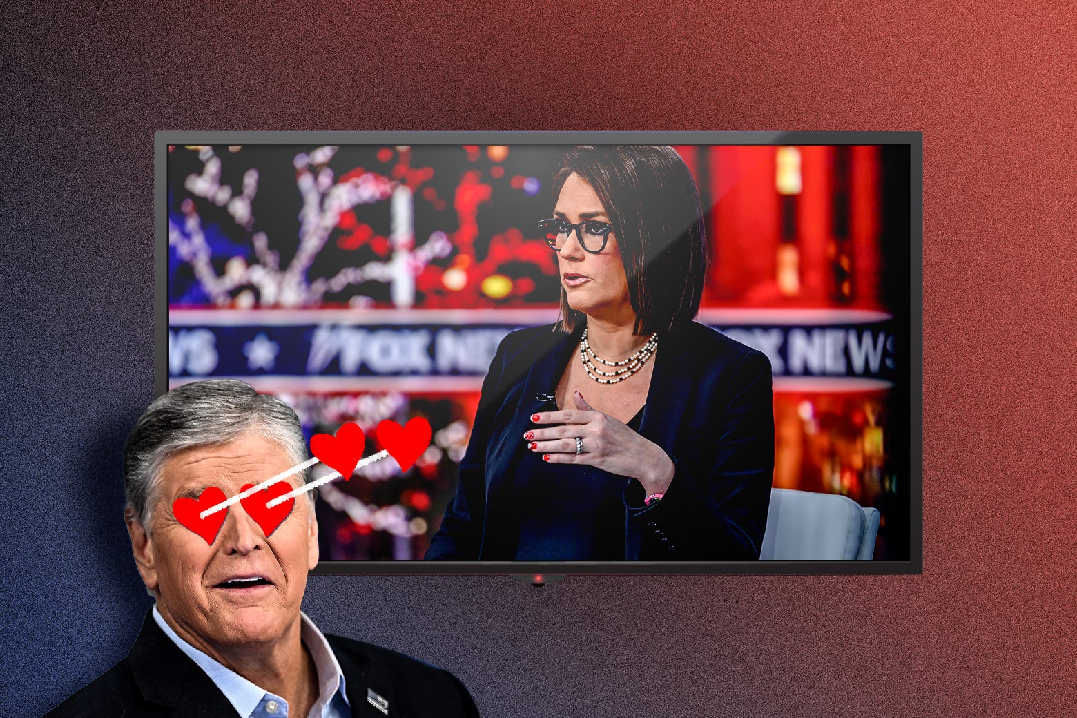 Jessica Tarlov is onscreen on Fox News and Sean Hannity has cartoon heart eyes aimed at her.