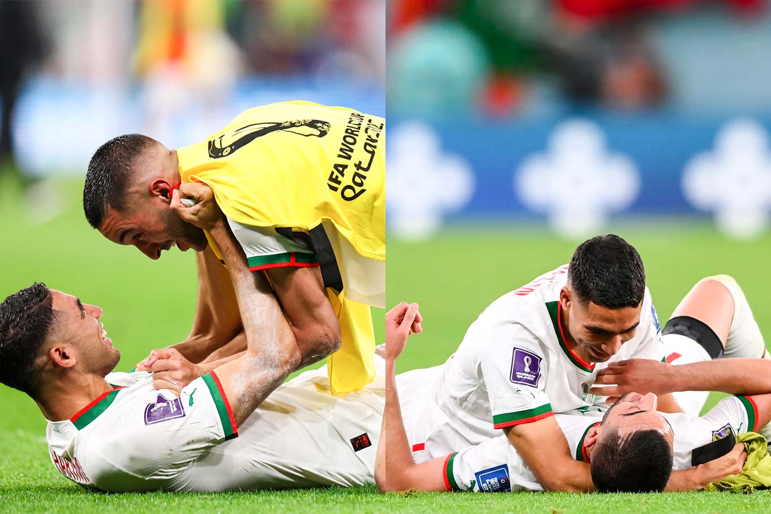 A collage of two images, from L-R: Achraf Hakimi lies on his back on the field with Hakim Ziyech kneeling over him as they grab each other's jerseys and smile at each other. Hakim Ziyech lies on his back on the field, while Achraf Hakimi lies on top of him in a hug.