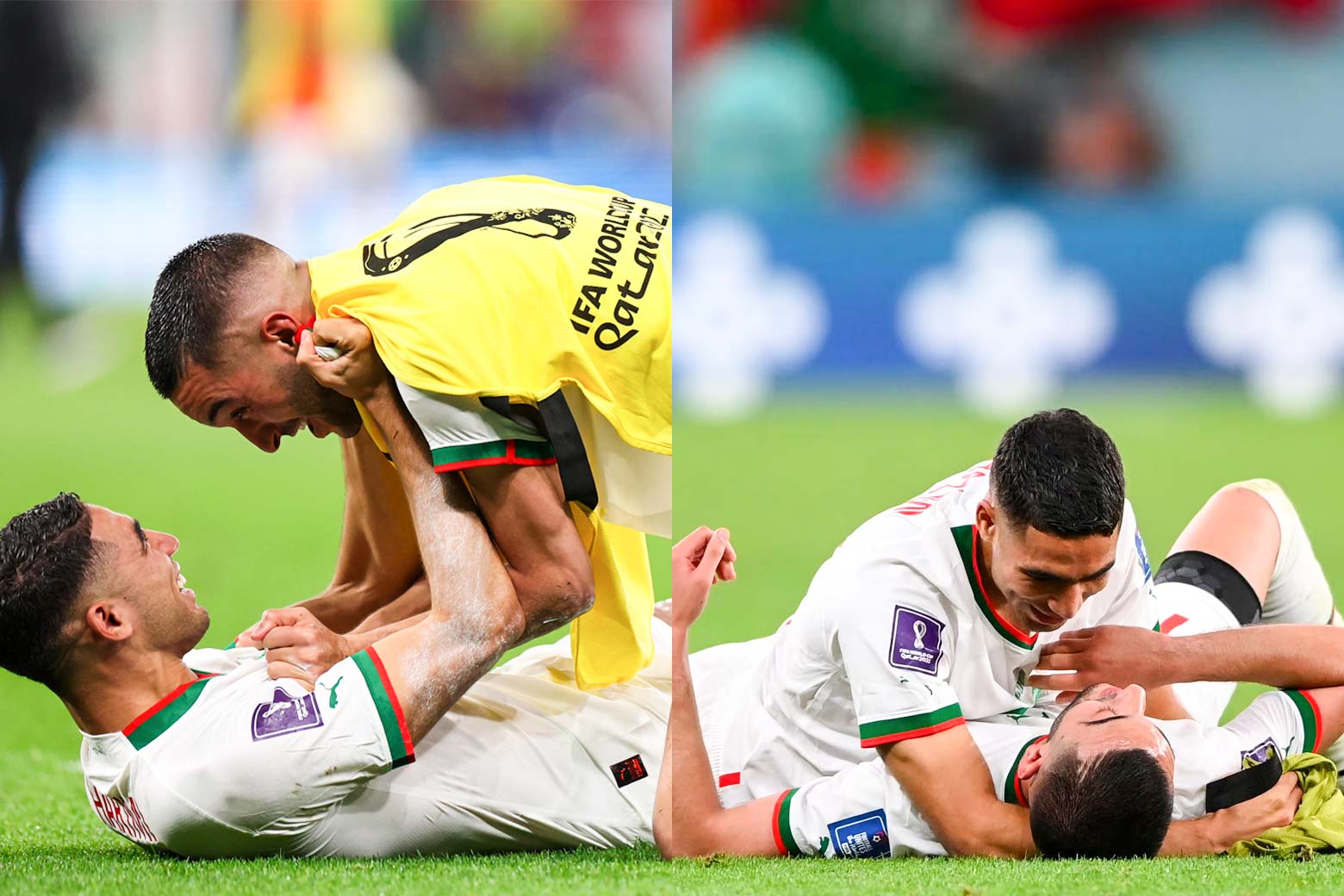 Un collage de deux images, de LR : Achraf Hakimi est allongé sur le dos sur le terrain avec Hakim Ziyech agenouillé sur lui alors qu'ils attrapent les maillots de l'autre et se sourient.  Hakim Ziyech est allongé sur le dos sur le terrain, tandis qu'Achraf Hakimi est allongé sur lui dans une étreinte.