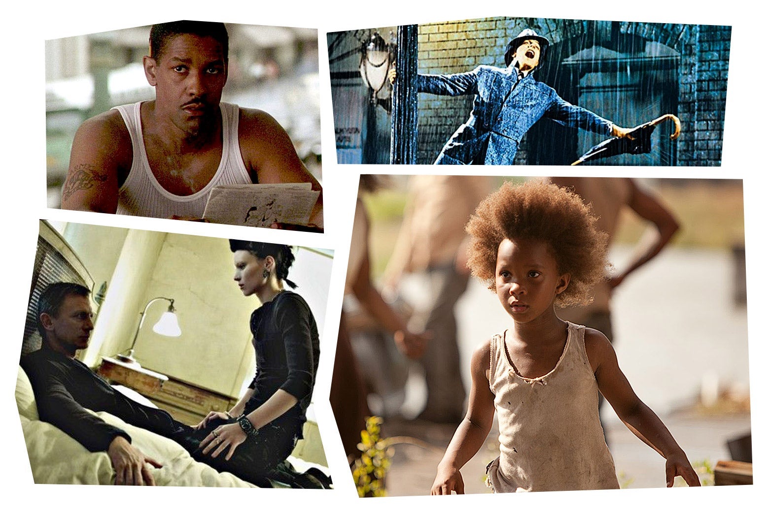 In the top left, a still from Devil in a Blue Dress of Denzel Washington, in the top right, a still from Singin in the Rain of Gene Kelly performing the title song while hanging off of a lamppost in the rain, in the bottom left a still of Rooney Mara straddling Daniel Craig in a bed from The Girl With the Dragon Tattoo, and in the bottom right a still of a young Quvenzhané Wallis in Beasts of the Southern Wild.