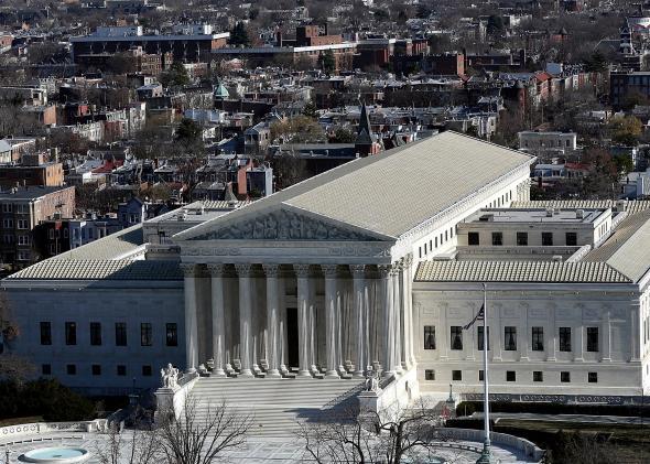 The U.S. Supreme Court is shown from the dome of the U.S. Capitol.