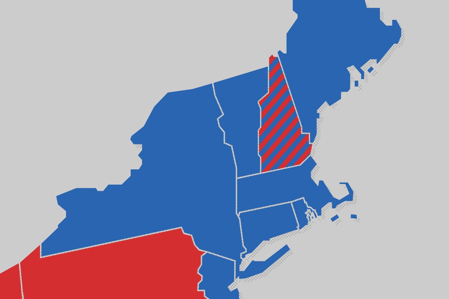 A map of the Northeast U.S. with states colored in red and blue. New Hampshire is striped red and blue.