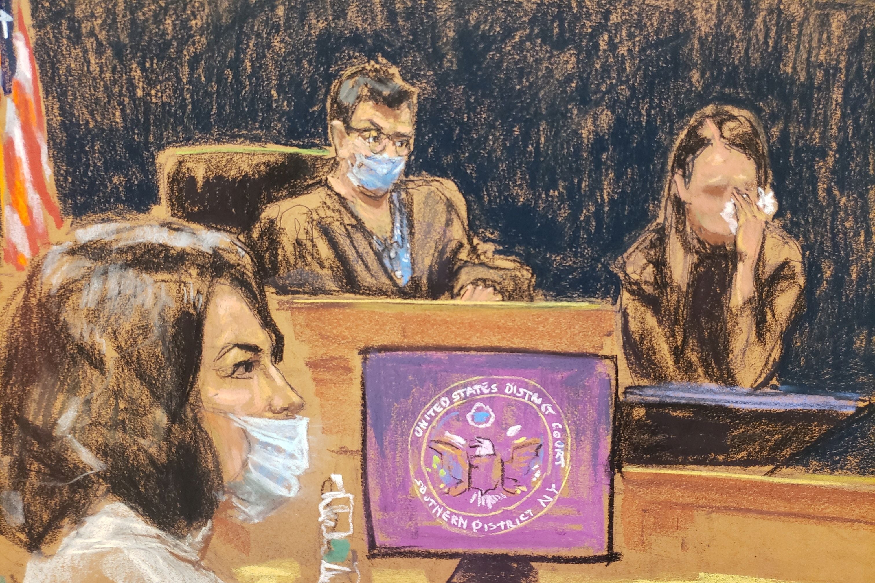 A courtroom illustration of witness "Jane" testifying, holding a tissue over her eyes, crying, with the judge in the background as Ghislaine Maxwell looks on