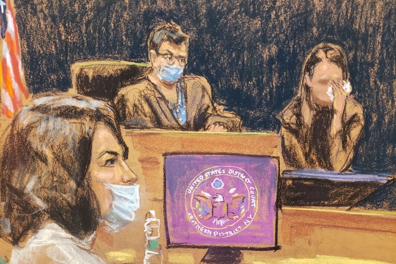 A courtroom illustration of witness "Jane" testifying, holding a tissue over her eyes, crying, with the judge in the background as Ghislaine Maxwell looks on