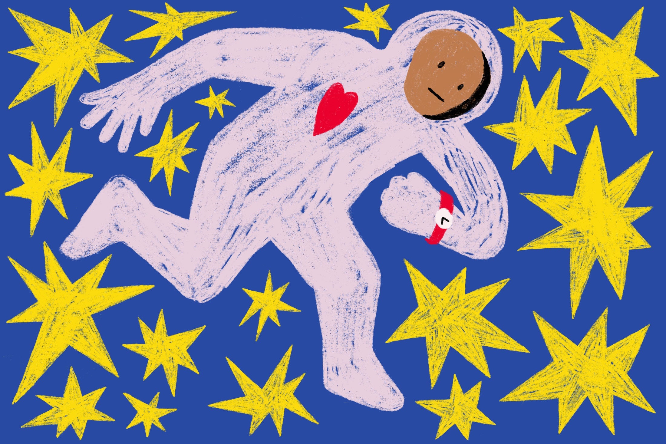 Person in a spacesuit looking at a watch while surrounded by stars, inspired by Matisse's Icarus.