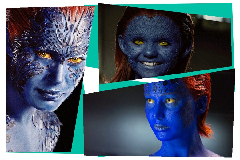 Jennifer Lawrence, Rebecca Romijn, and Morgan Lily wearing red wigs as Mystique.
