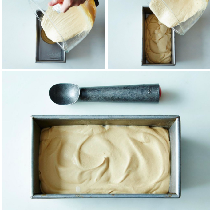 A series of images: a hand pours a white mixture into a rectangular pan; the mixture covering the bottom of the pan; a pan full of the liquid, with peaks on top.