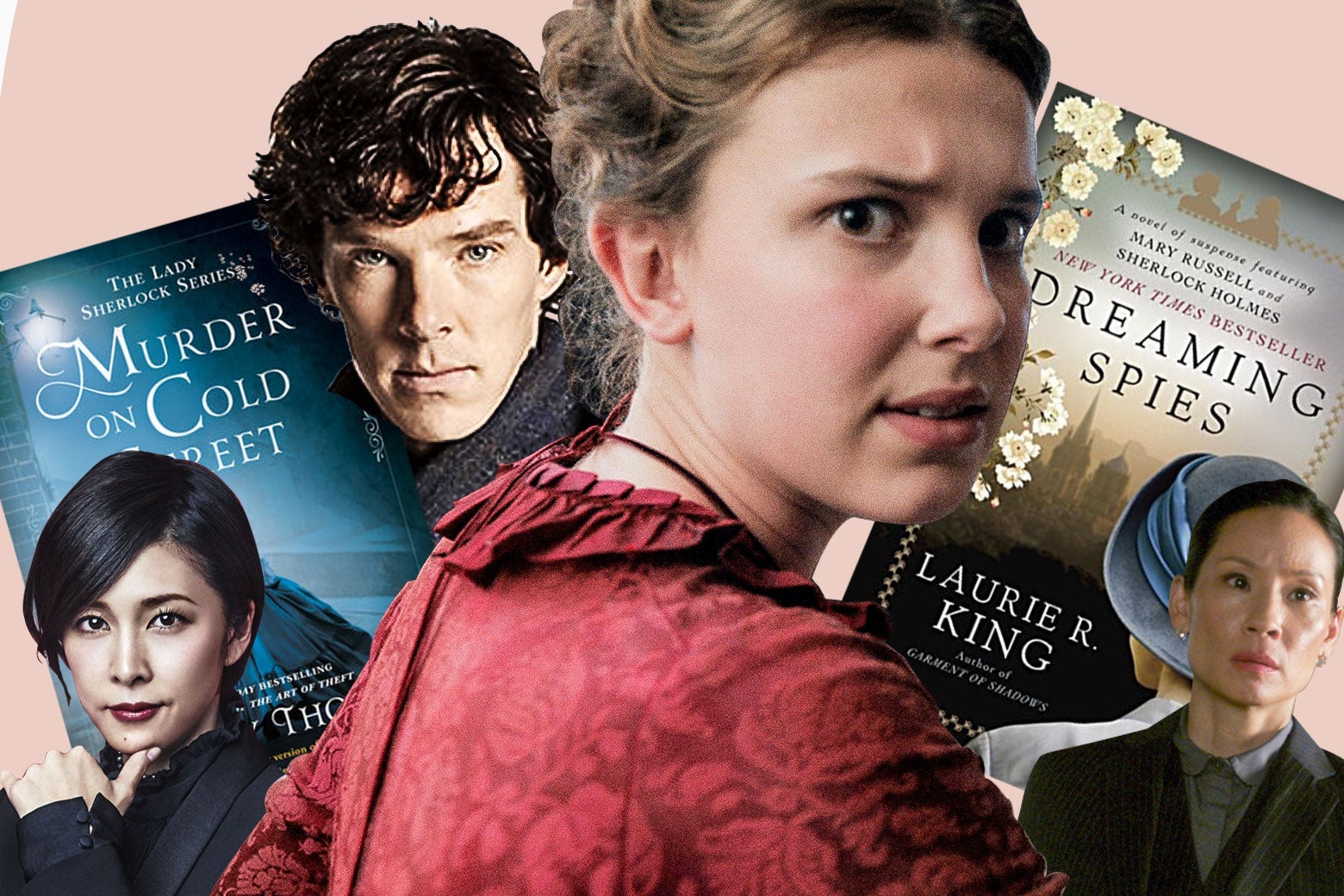 Collage of Millie Bobby Brown in Enola Holmes, Benedict Cumberbatch in Sherlock, Lucy Liu in Elementary, Yūko Takeuchi in Miss Sherlock, and the book covers of Murder on Cold Street and Dreaming Spies