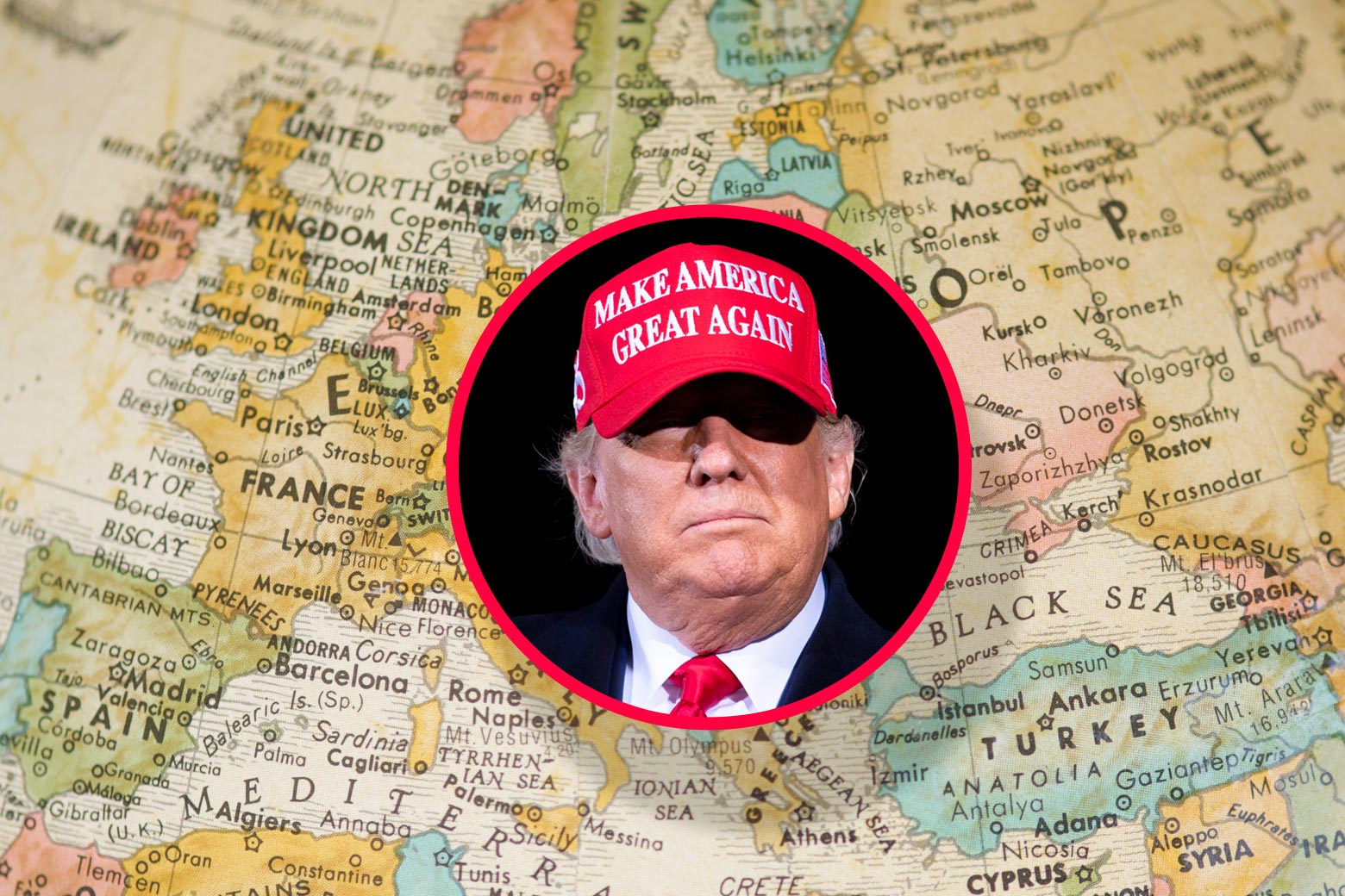 Trump wearing a MAGA hat in a circle superimposed on a globe